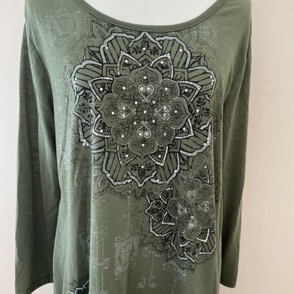 Vtg Y2k Faded Glory Sequin Top Women's XL Green Sheer Sharkbite Hem Fairy Grunge - Picture 3 of 10